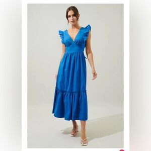 Sugar lips blue midi dress with ruffle sleeve and bow-tie back! Size XS With tag